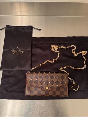 Louis Vuitton Brown Checkered Clutch with Gold Chain